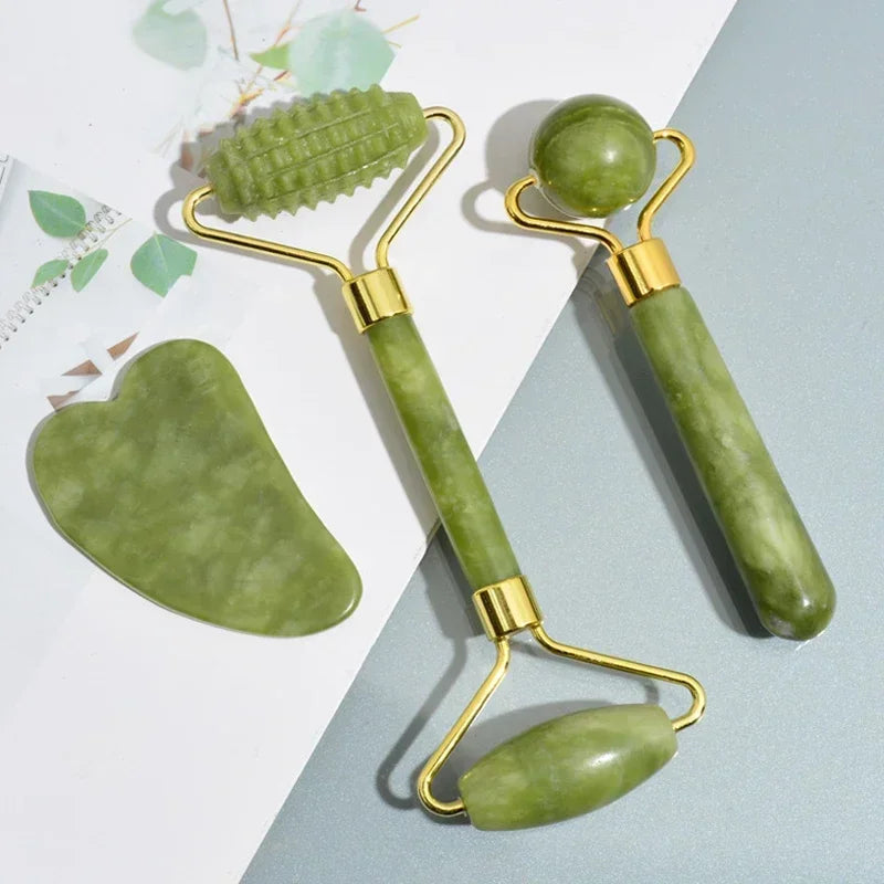 Natural Jade Face Roller and Gua Sha Set - White - Savrio -